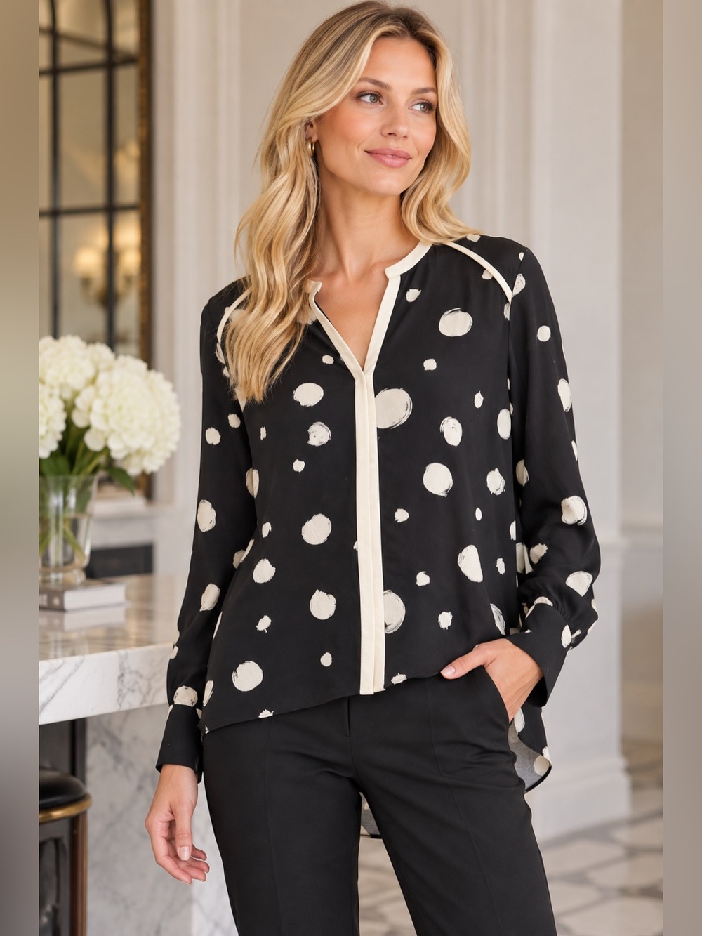 Ted Baker Black Blouse with Cream Polka Dot Print Workwear Avant Garde Minimal